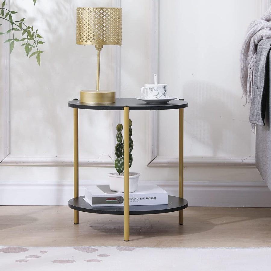 Round Black Marble Side Table with 2-Tier Shelf – Modern Gold Frame End Table