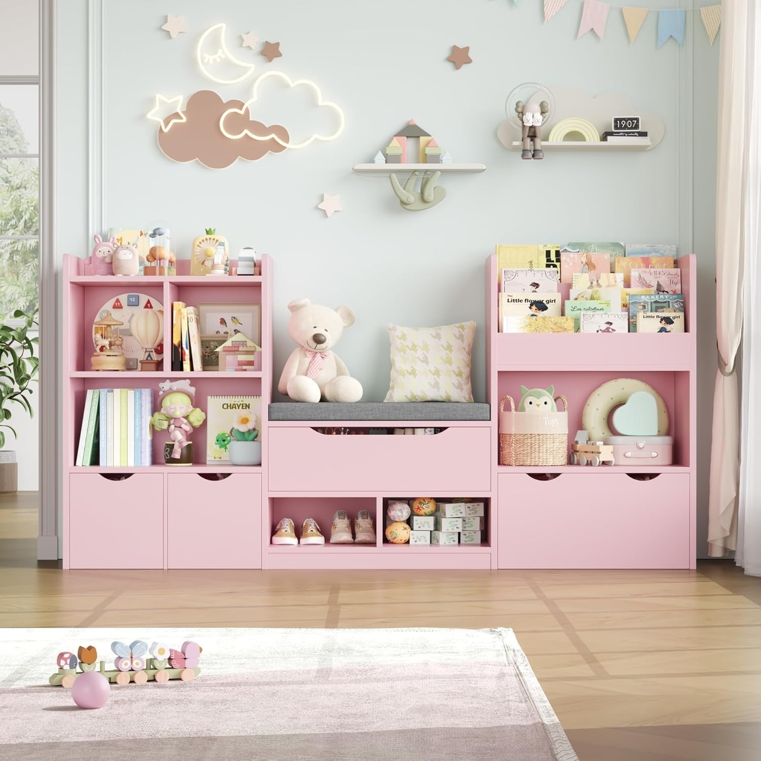 Kids Toy Storage Unit with Bench, 3 Drawers & 7 Shelves – Pink Organizer