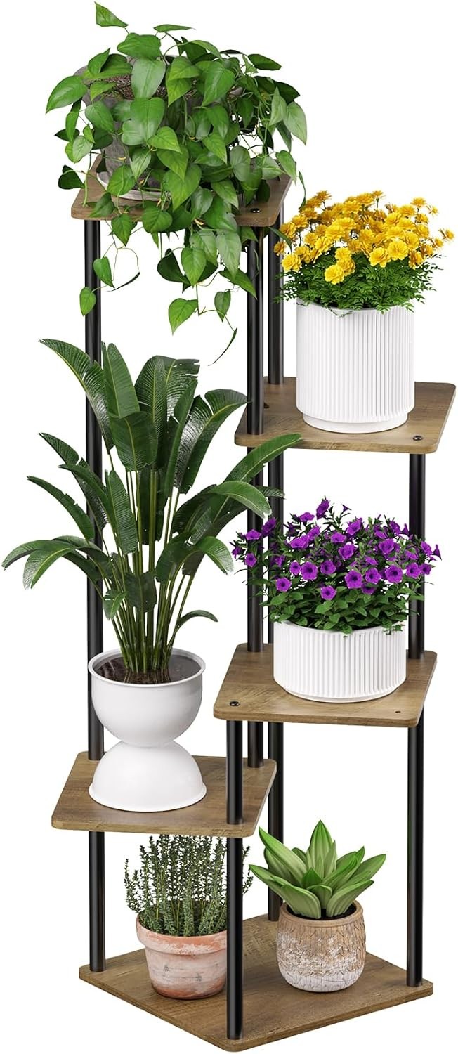 5 Tier Metal Plant Stand Indoor Corner Flower Shelf Wood Display Rack for Living