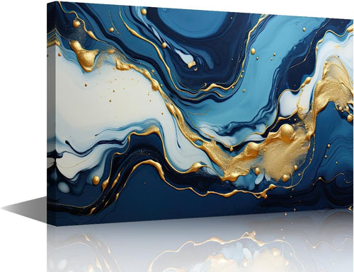 Blue Gold Marble Canvas Wall Art 90x60cm Framed