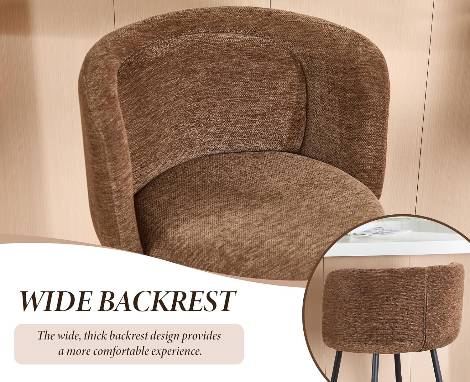 Counter Bar Stools Set of 2 | Brown Chenille L-Shaped Dining Chairs