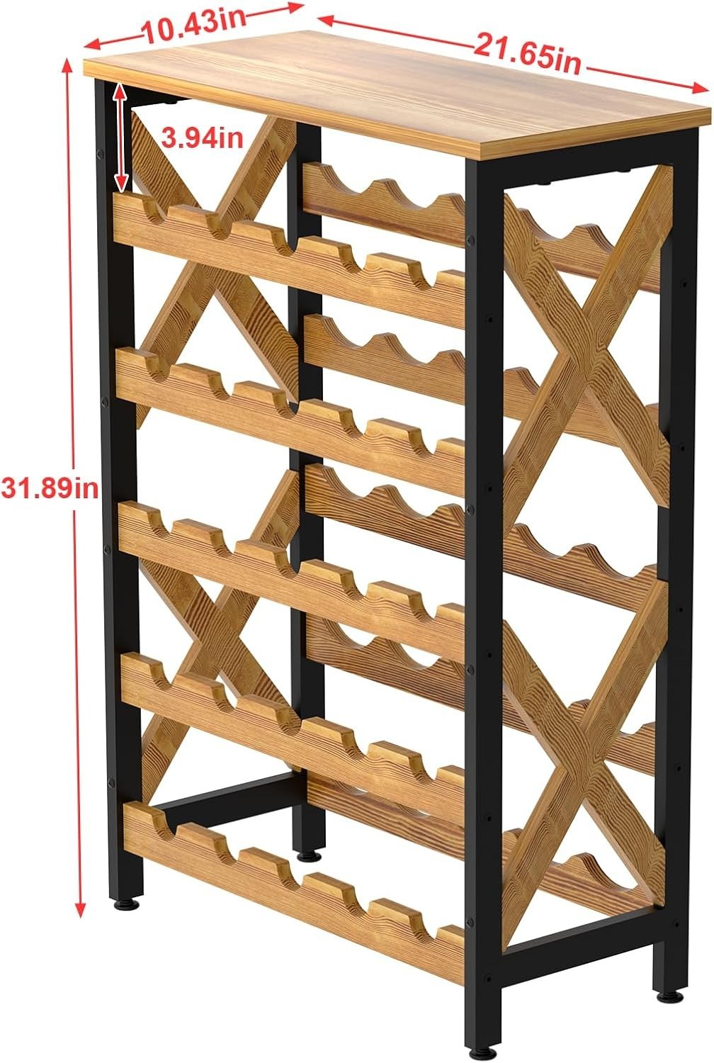 25 Bottle Wine Rack 5 Tier Rustic Floor Standing Storage Shelf with Wood Top Bar