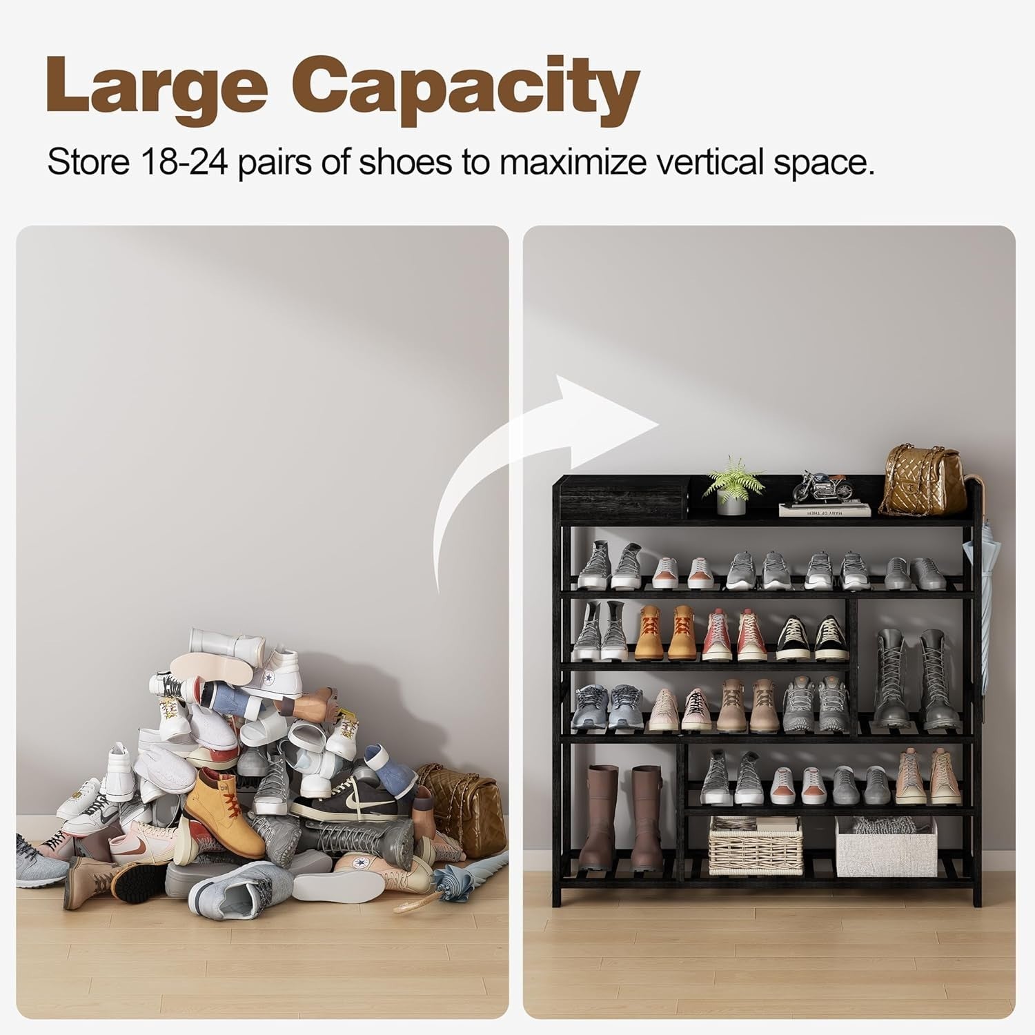 6 Tier Bamboo Shoe Rack Storage Shelf – Tall Black Entryway Organizer