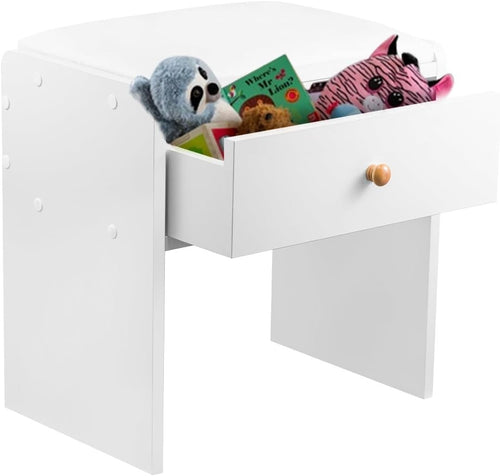 White Padded Vanity Stool with Drawer – Soft PU Makeup Chair for Bedroom