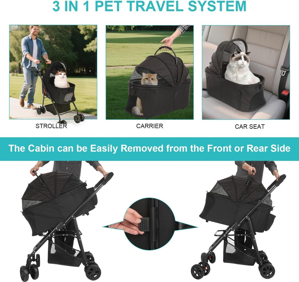Black 3 in 1 Dog Stroller Medium Pets Foldable Pushchair 4 Wheel Buggy