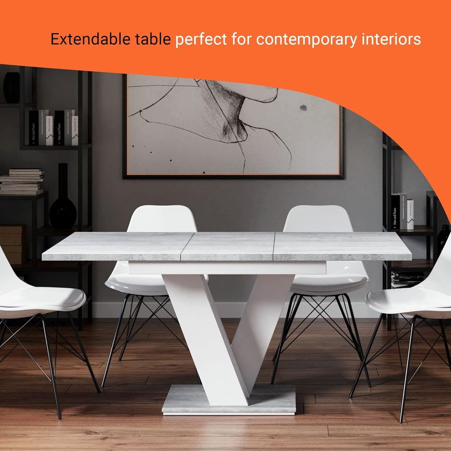 Extendable White Dining Table Gloss Stone Effect 4-6 Seater Small Spaces