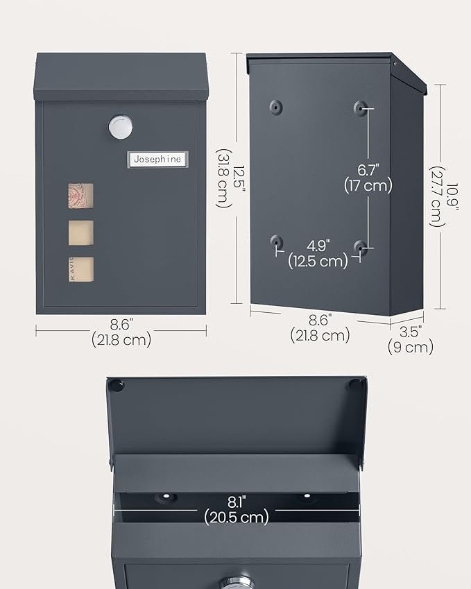 Wall Mounted Post Box Secure Lock Rust-Resistant Steel Letterbox Grey