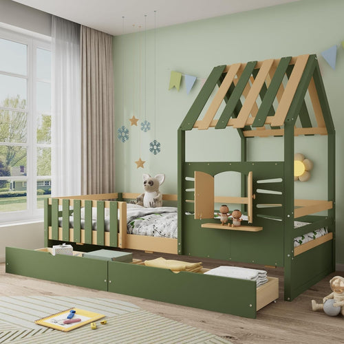 Kids Wooden House Bed Frame 3FT w/ Drawers, Guardrail & Roof Design 90x190cm