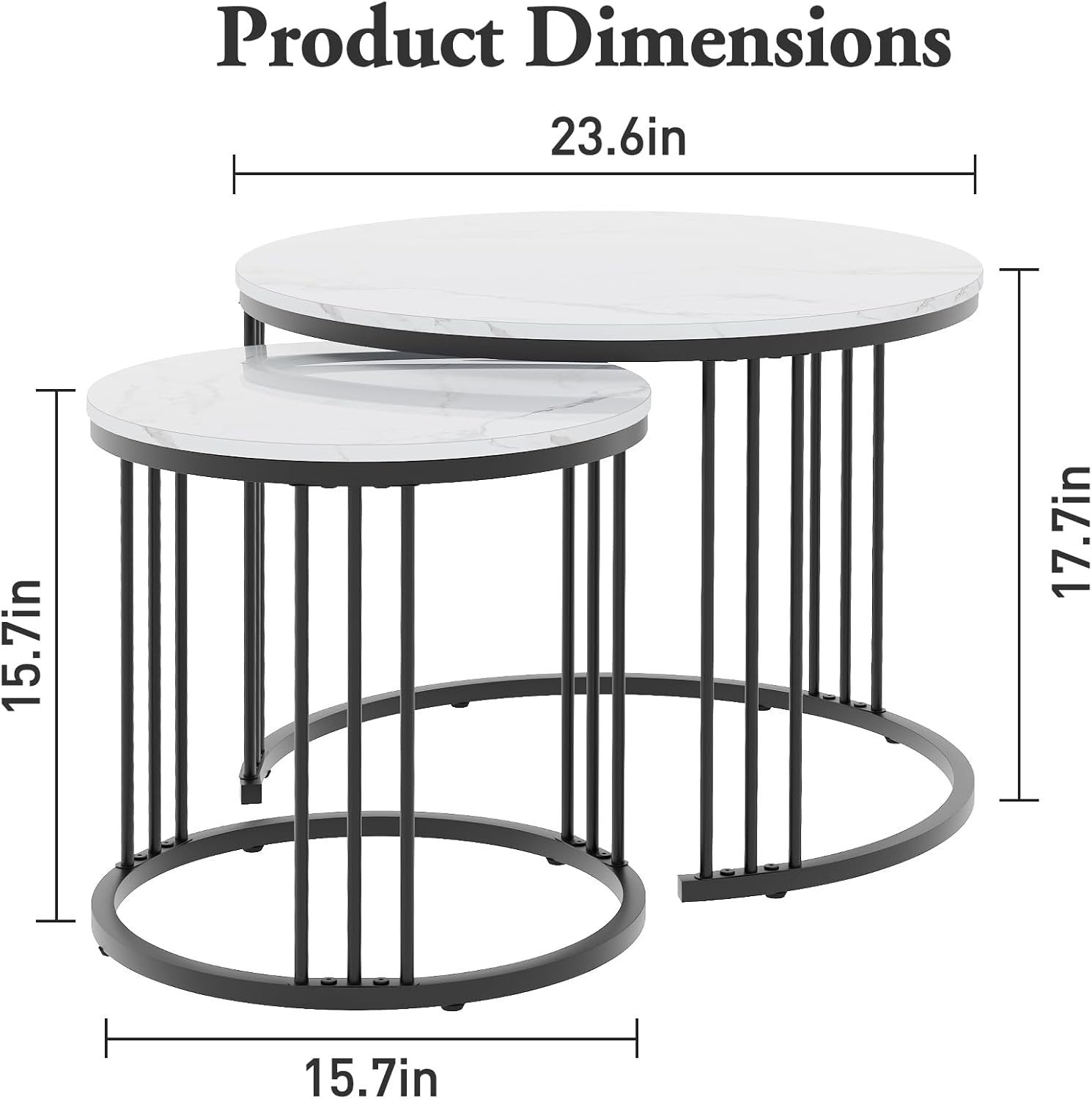 Modern Nesting Coffee Table Set for Small Spaces - Round Metal & Wood Side End