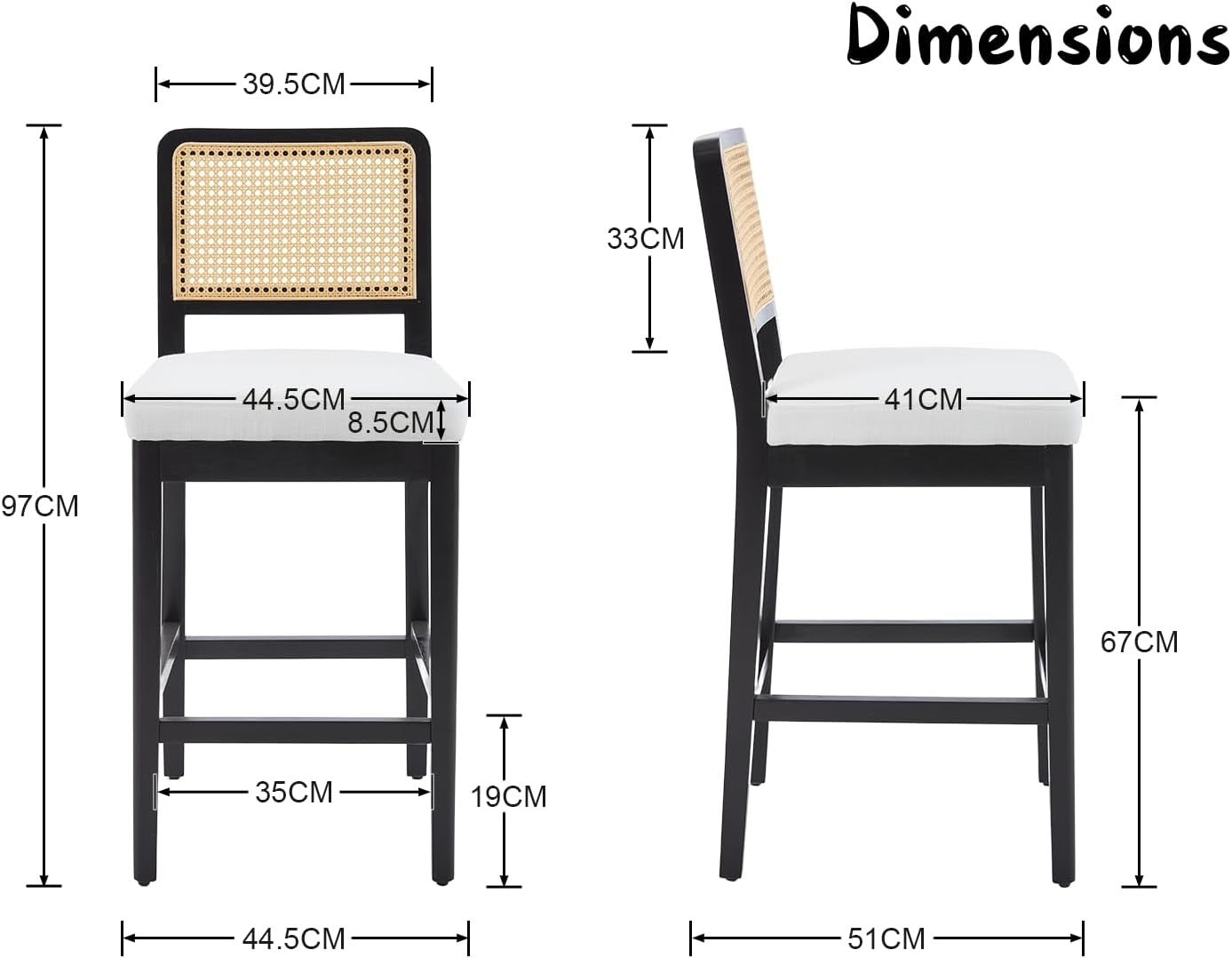 Black Linen Bar Stool Set of 2 with Rattan Back Wooden Legs