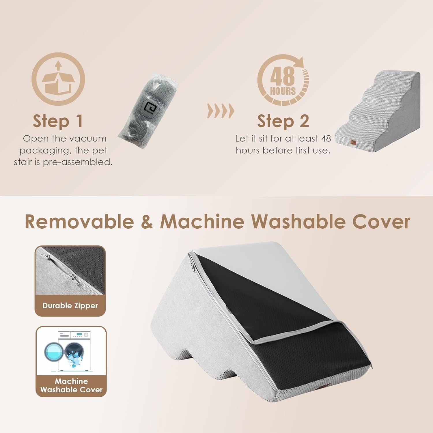 4 Step Dog Stairs for High Bed Non Slip Foam Pet Washable Grey