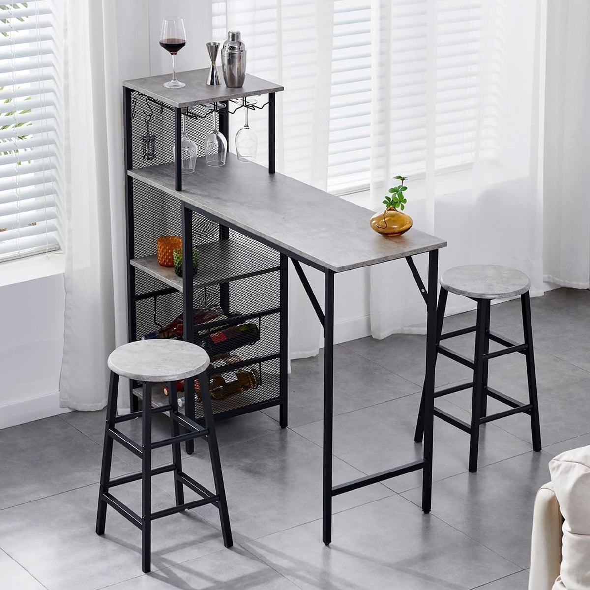 3 Piece Bar Table Set Wine Rack Shelves & 2 Stools Grey Marble Dining Furniture
