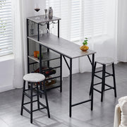 3 Piece Bar Table Set Wine Rack Shelves & 2 Stools Grey Marble Dining Furniture