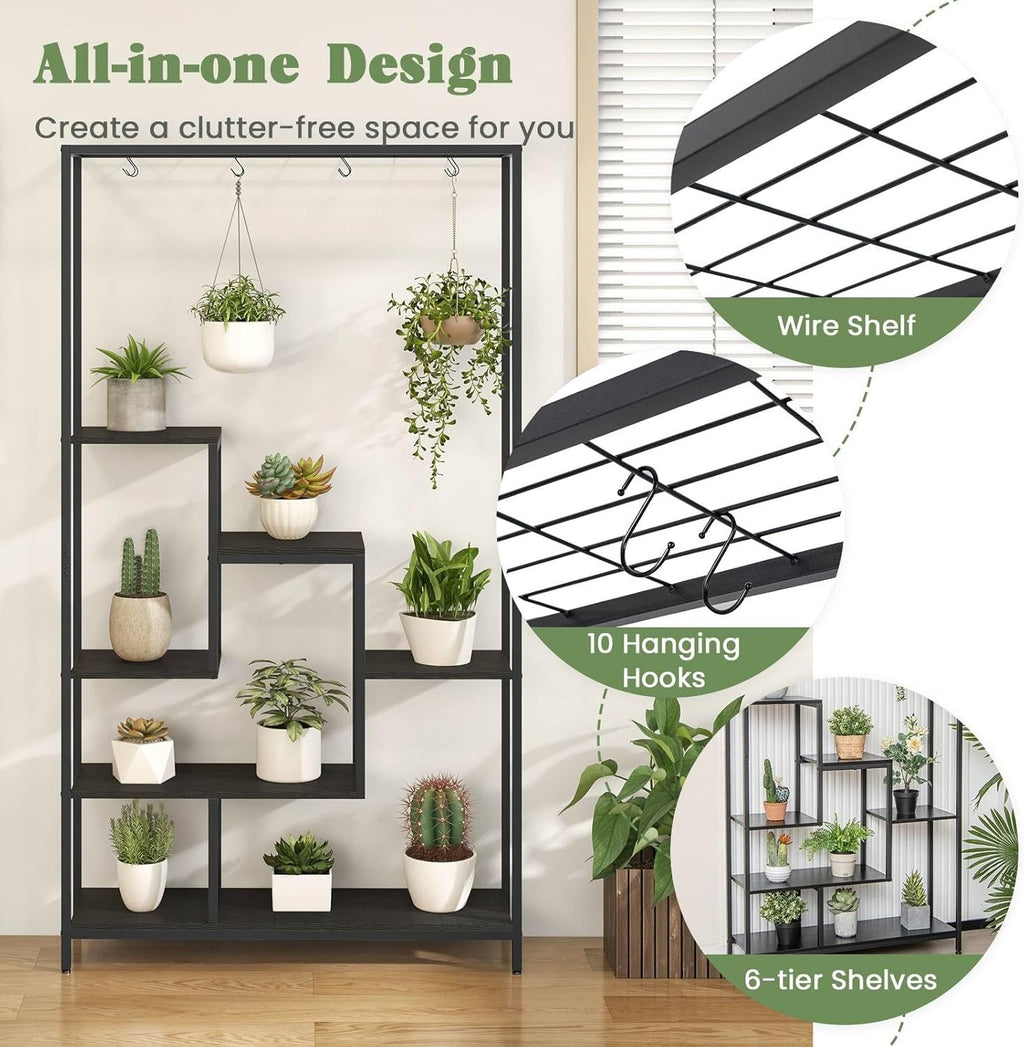 6 Tier Metal Plant Stand Tall Indoor Flower Shelf with Hooks for Balcony Living