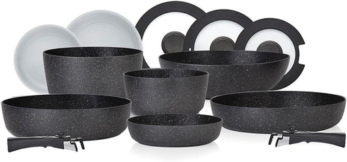 13pcs Black Non Stick Cookware Set  Stackable Pans with Detachable Handle