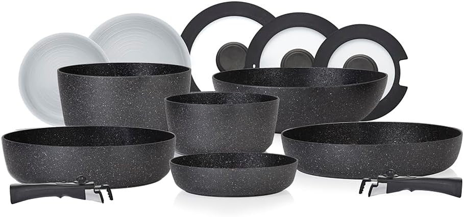13pcs Black Non Stick Cookware Set  Stackable Pans with Detachable Handle