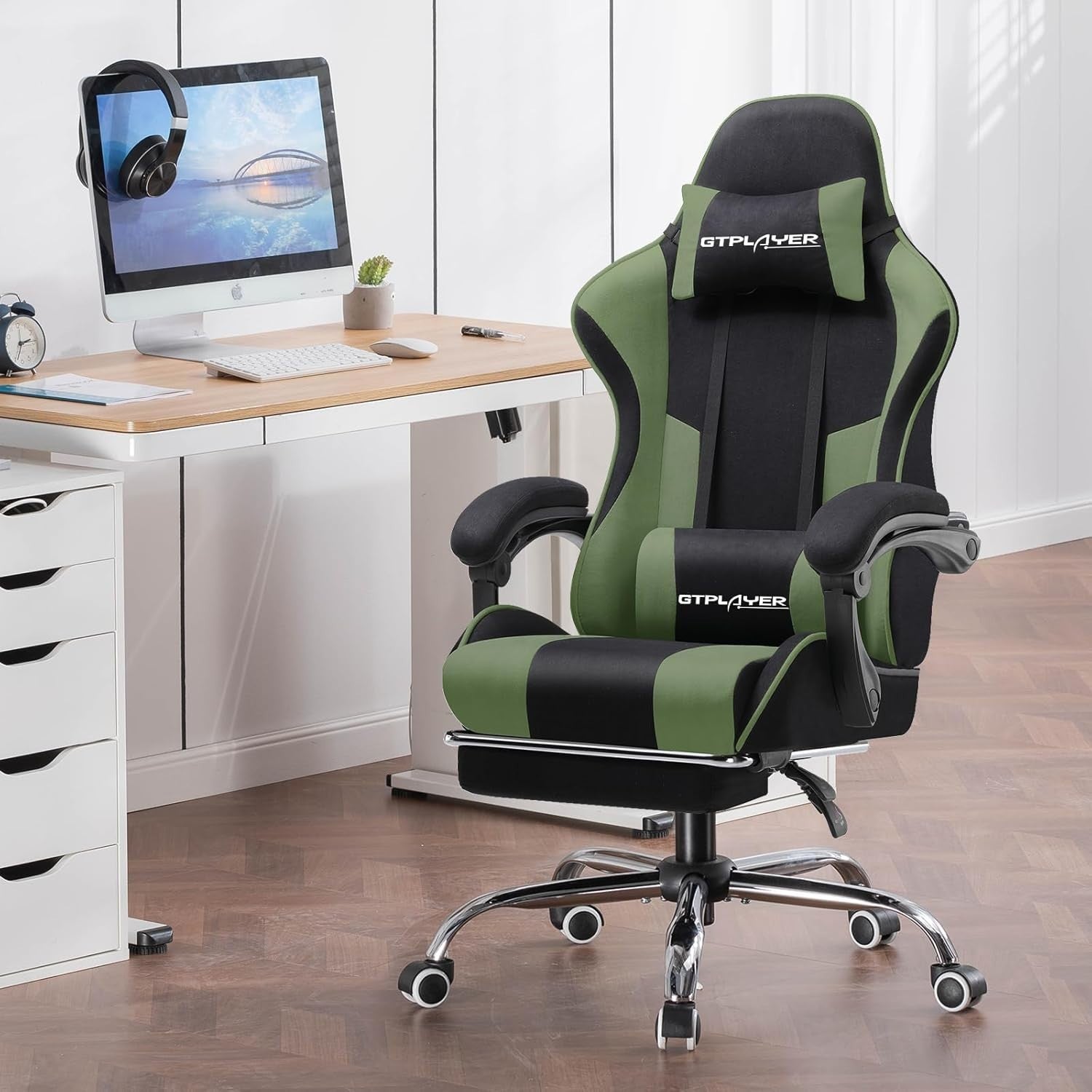 Ergonomic Gaming Chair Recliner Office Desk Seat Massage Lumbar Footrest Green