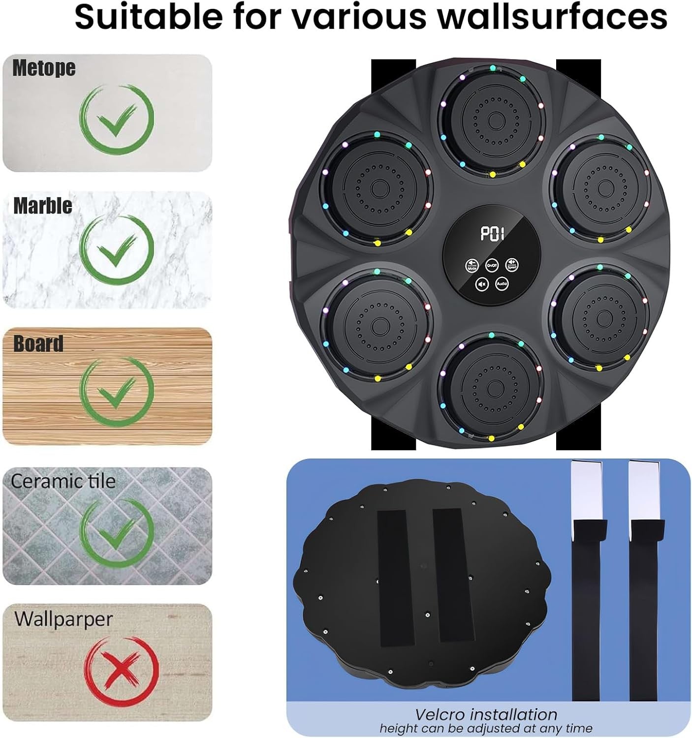 Music Boxing Machine LED Punch Pad Bluetooth Wall Mounted Auto Count Home Gym