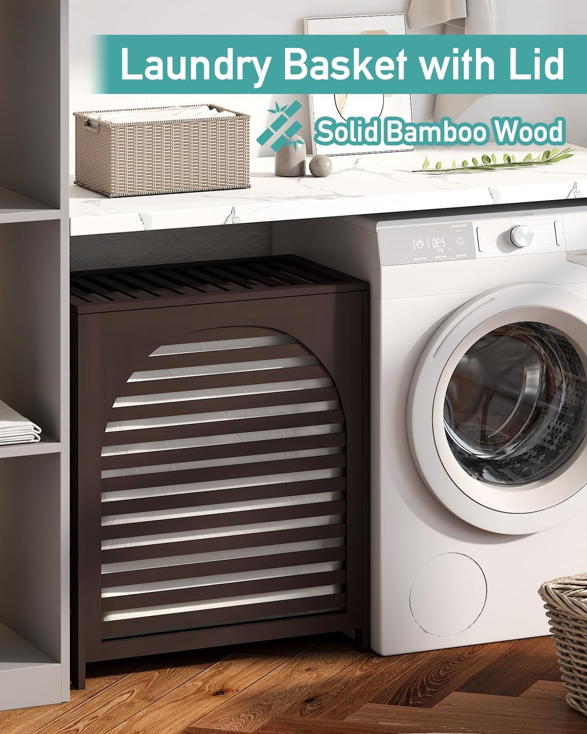 Brown Bamboo Laundry Hamper XL 103L with Lid & Removable Liner | Ventilated Bask