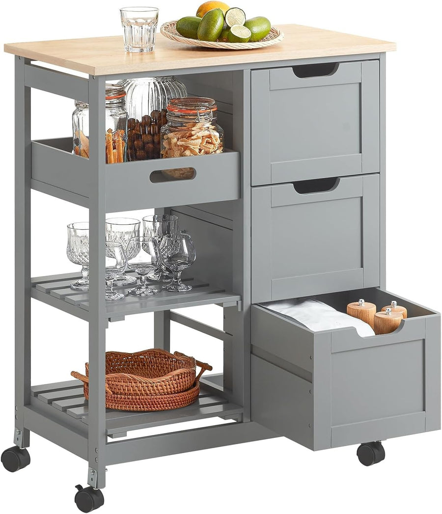 67x37x84.5cm Grey Kitchen Island Trolley 3 Drawers