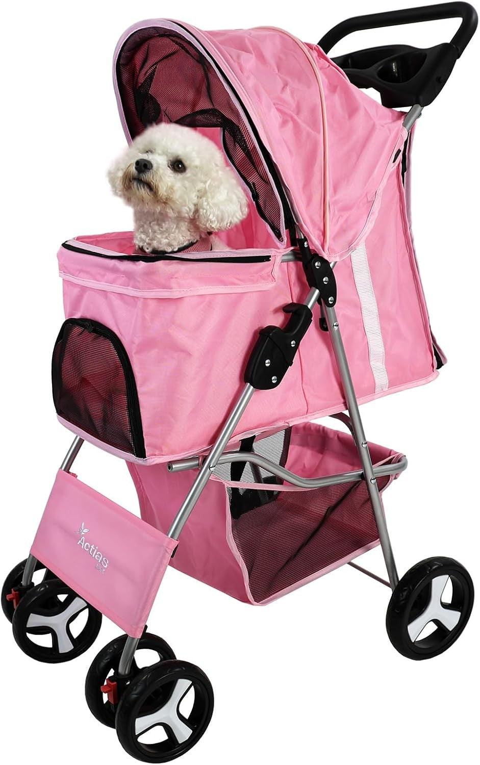 Pet Stroller Dog Cat Pushchair Foldable Swivel Wheels 15kg Pink + Cover