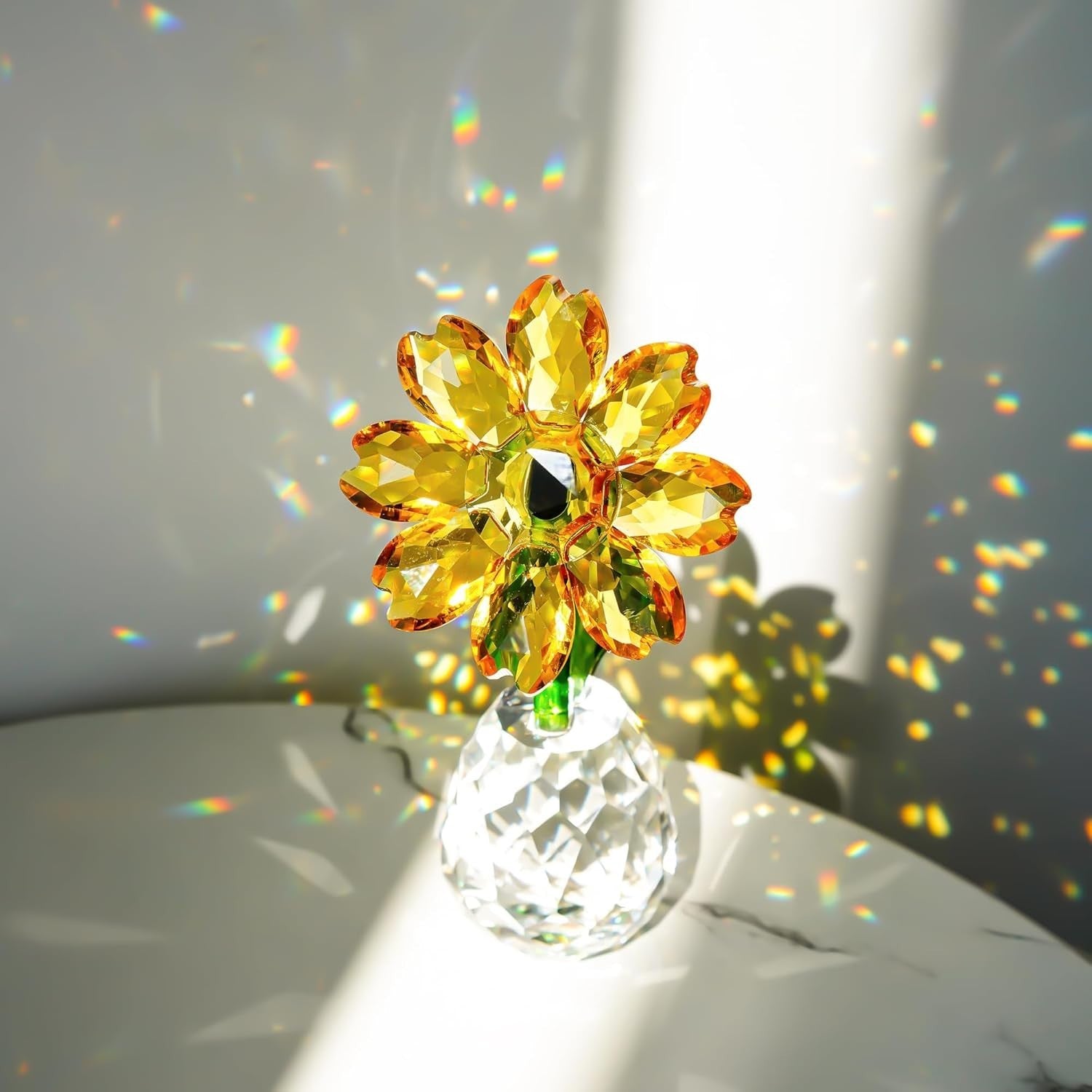 Crystal Sunflower Ornament • Yellow Glass Figurine • Luxury Table Décor Gift