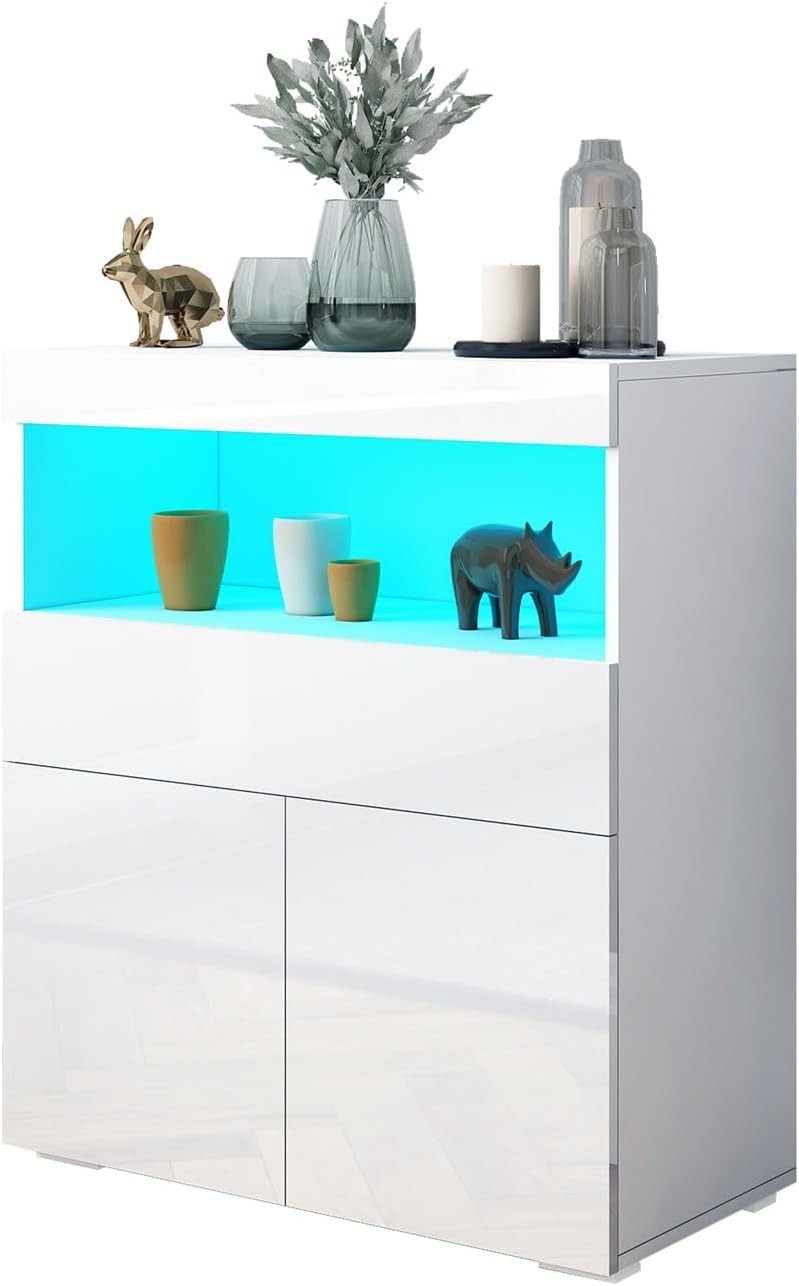 LED Sideboard Cabinet High Gloss Storage Unit 2 Doors 1 Drawer White
