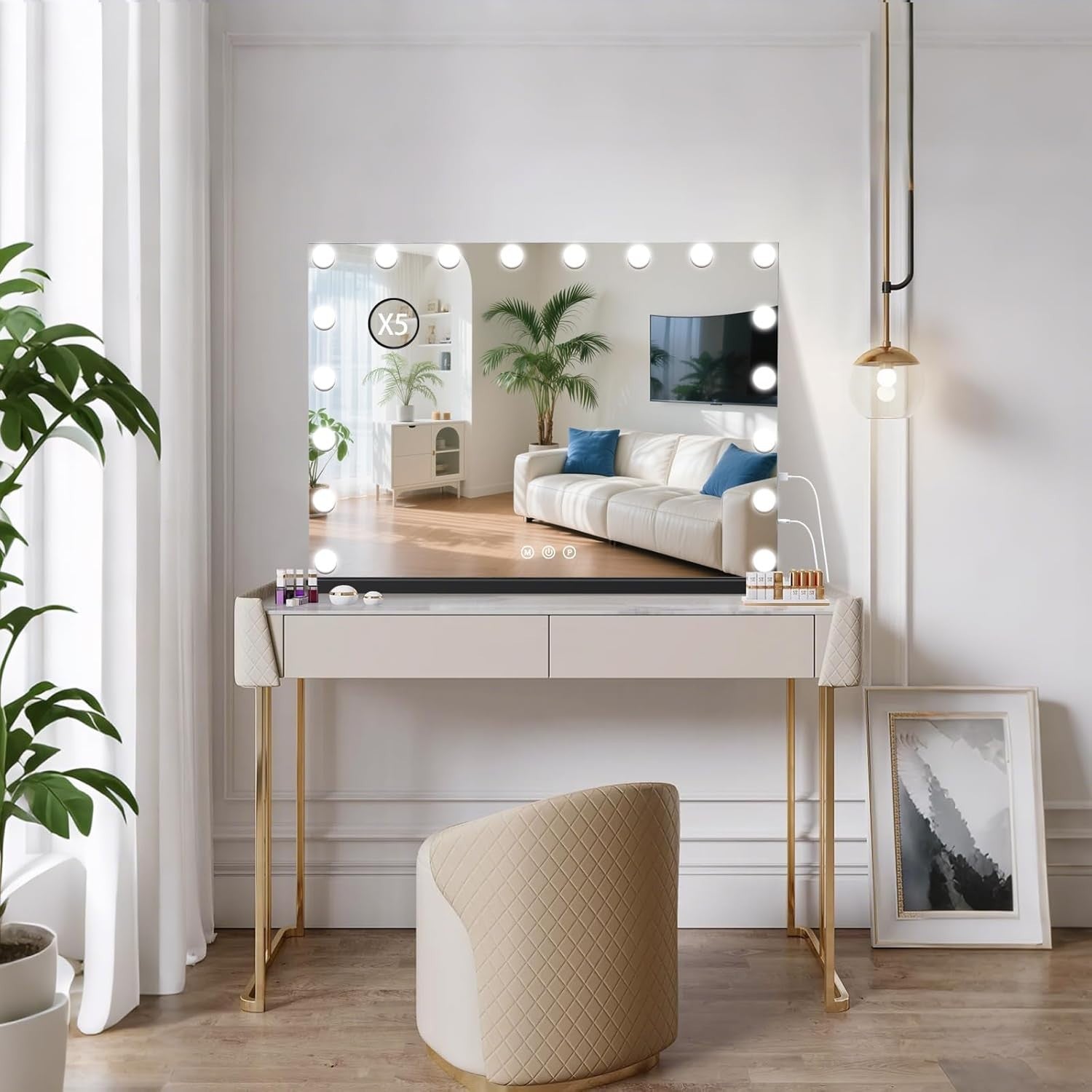 Vanity Makeup Mirror with LED Lights, USB Port, Smart Touch, 80x60cm