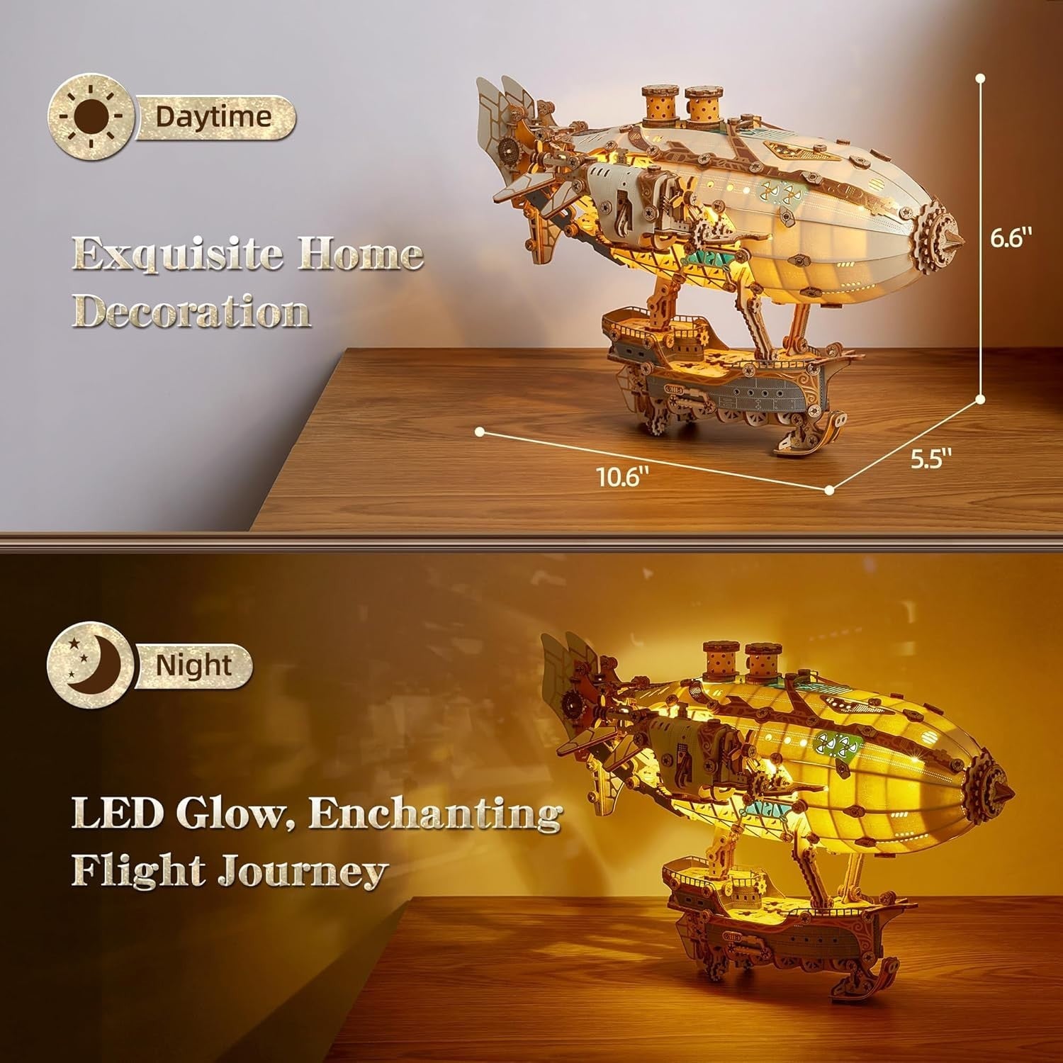 Steampunk 3D Wooden Airship Puzzle with LED Lights DIY Craft for Adults
