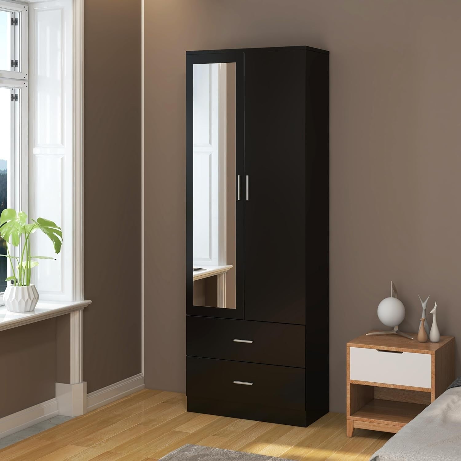 Black Mirrored 2 Door Wardrobe with Hanging Rail & Drawers - Modern Storage