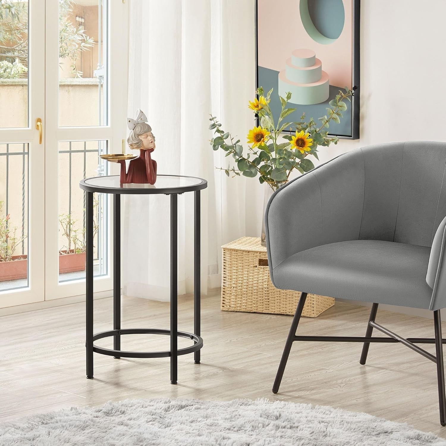 Set of 2 Round Glass Top Side Tables, Adjustable Feet, Modern Black Metal Frame