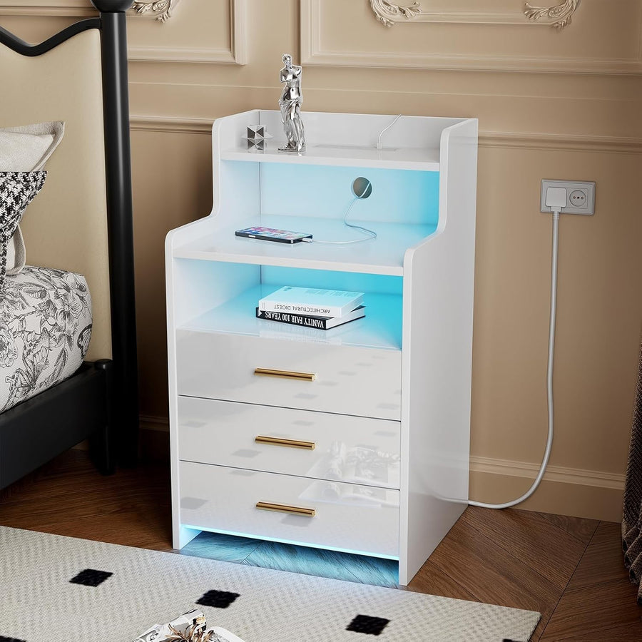Modern LED Bedside Table with USB Charging, 3 Drawers + Shelf