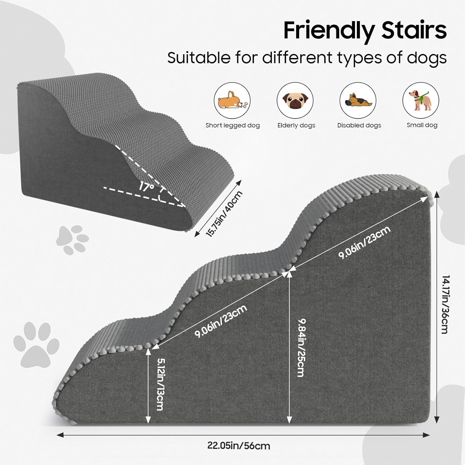 Dog Stairs for Small Dogs & Cats Foam Pet Steps Washable Cover Grey