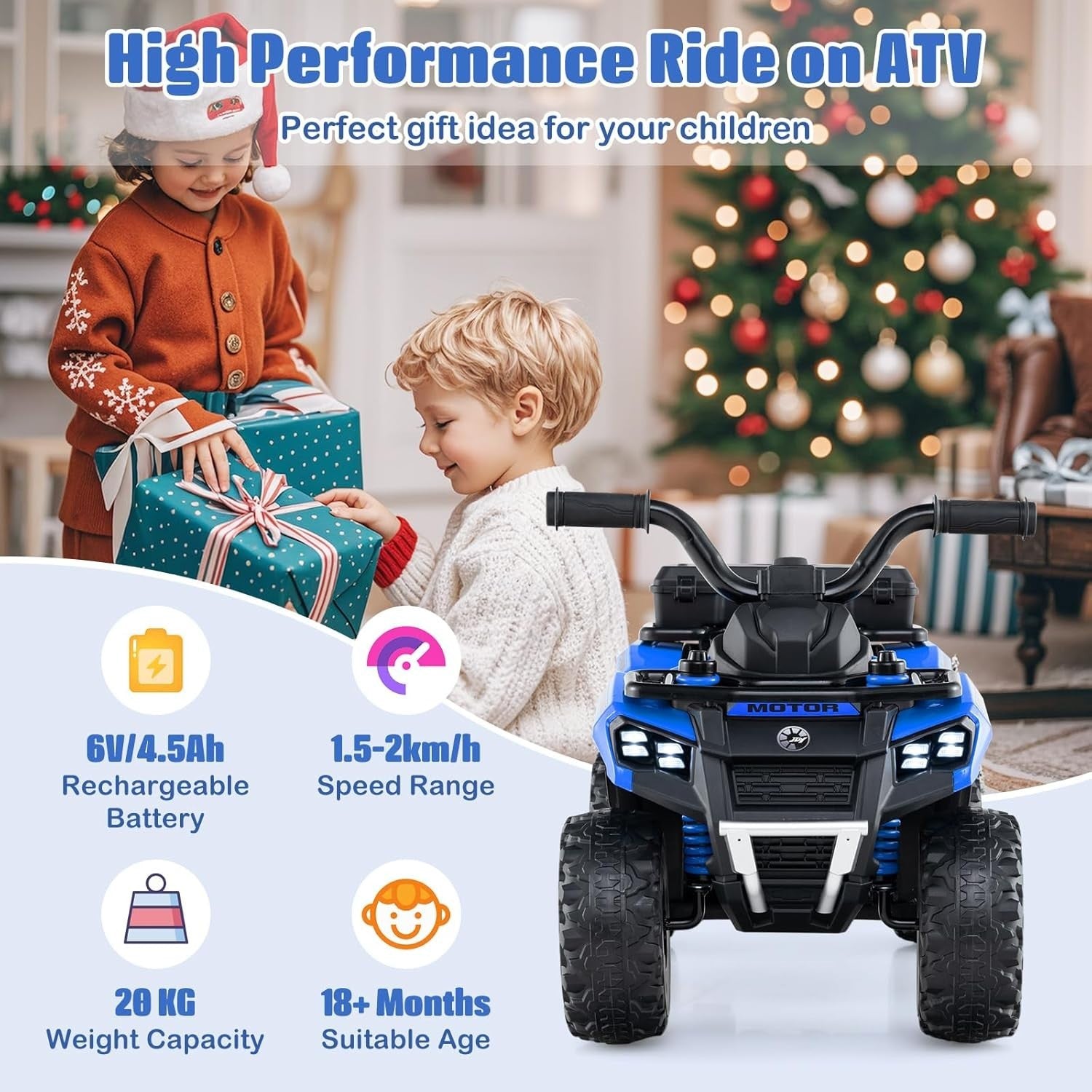 Kids Electric Quad Bike 6V Ride On ATV LED Lights Music Blue 20kg