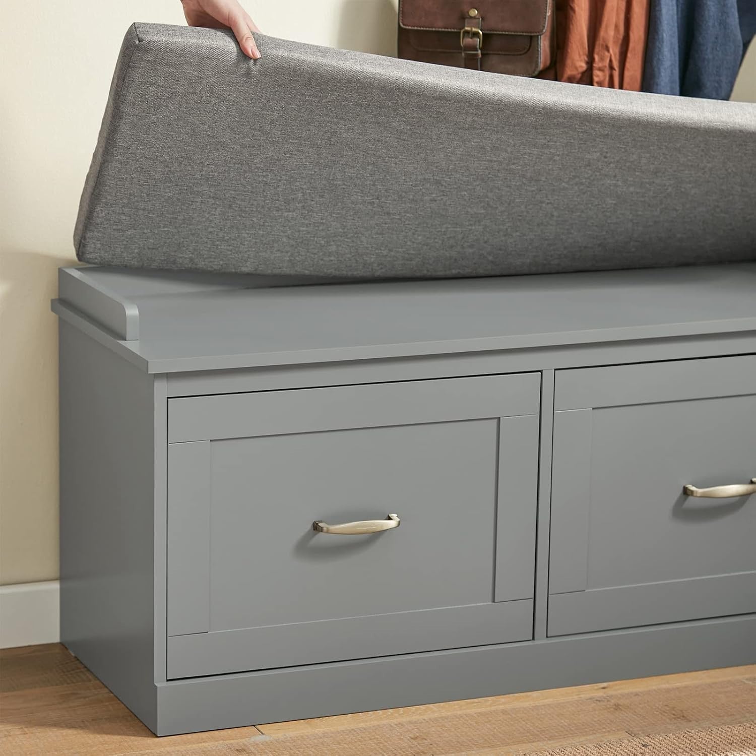 Grey Hallway Storage Bench Shoe Rack with Cushion Seat 2 Shelves MDF 98x37x49cm