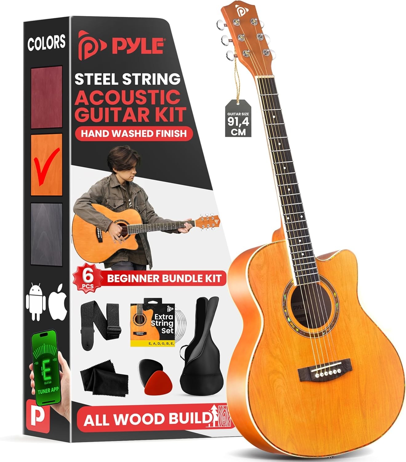3/4 Size Acoustic Guitar Starter Kit Cutaway Orange with Bag & Accessories
