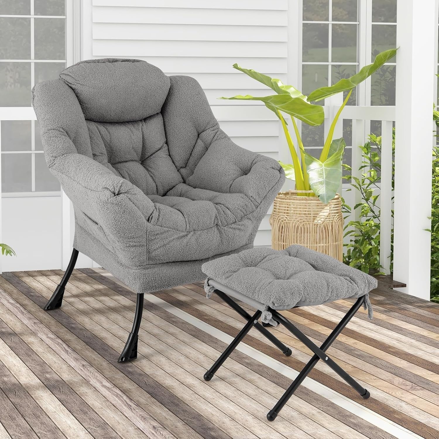 Grey Sherpa Armchair w/ Footstool Comfy Lounge Chair Sofa for Reading
