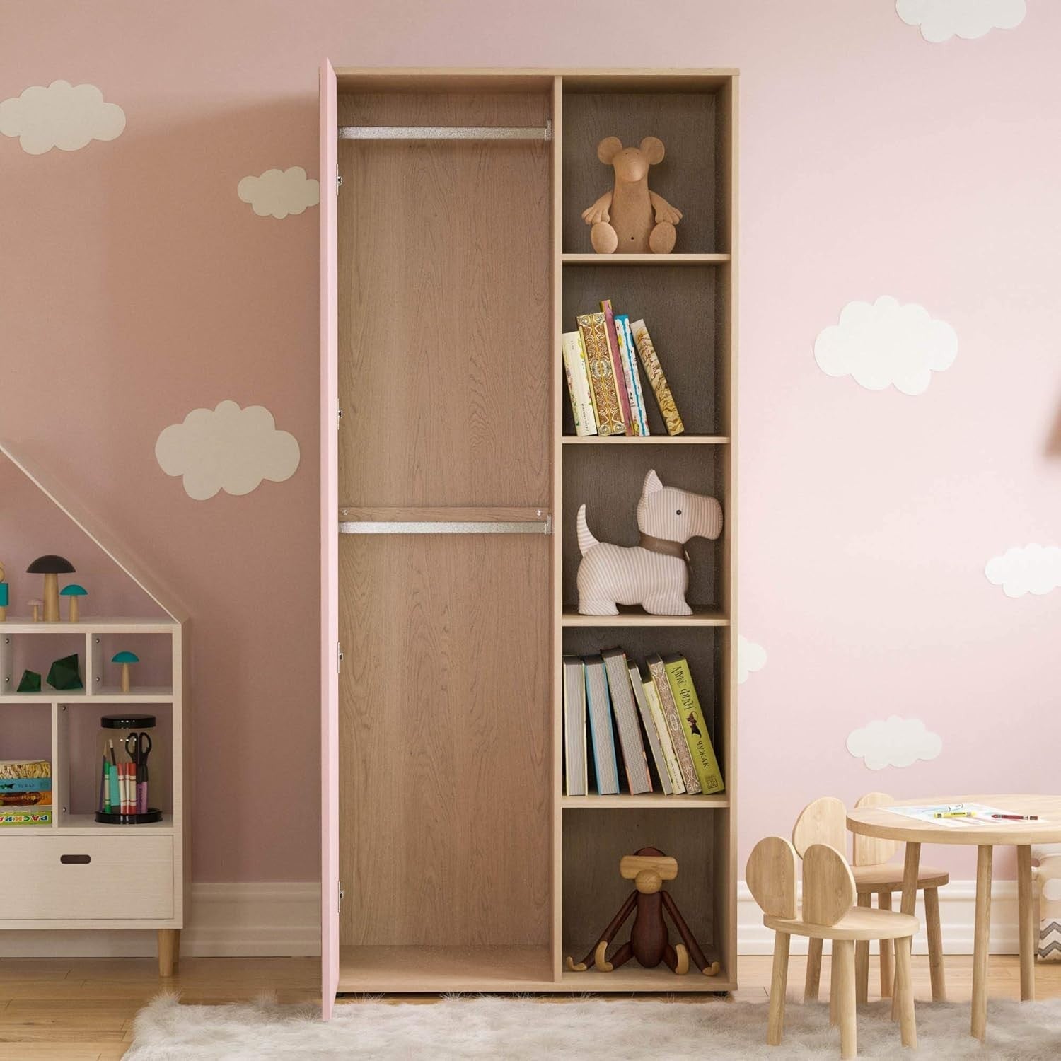 Kids 1-Door Wardrobe with Clothes Rails & Shelves – Durable Pink & Oak Storage