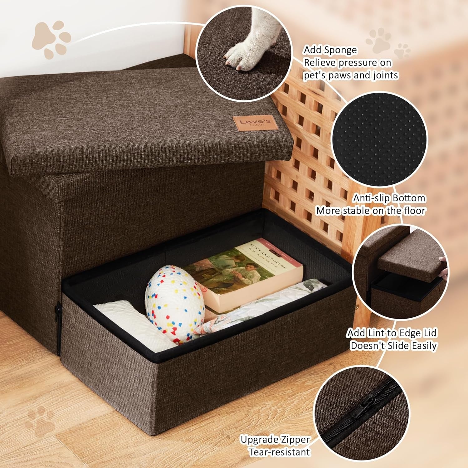 Dog Stairs with Storage 2 Step Foldable Pet Steps Ramp Coffee 13"