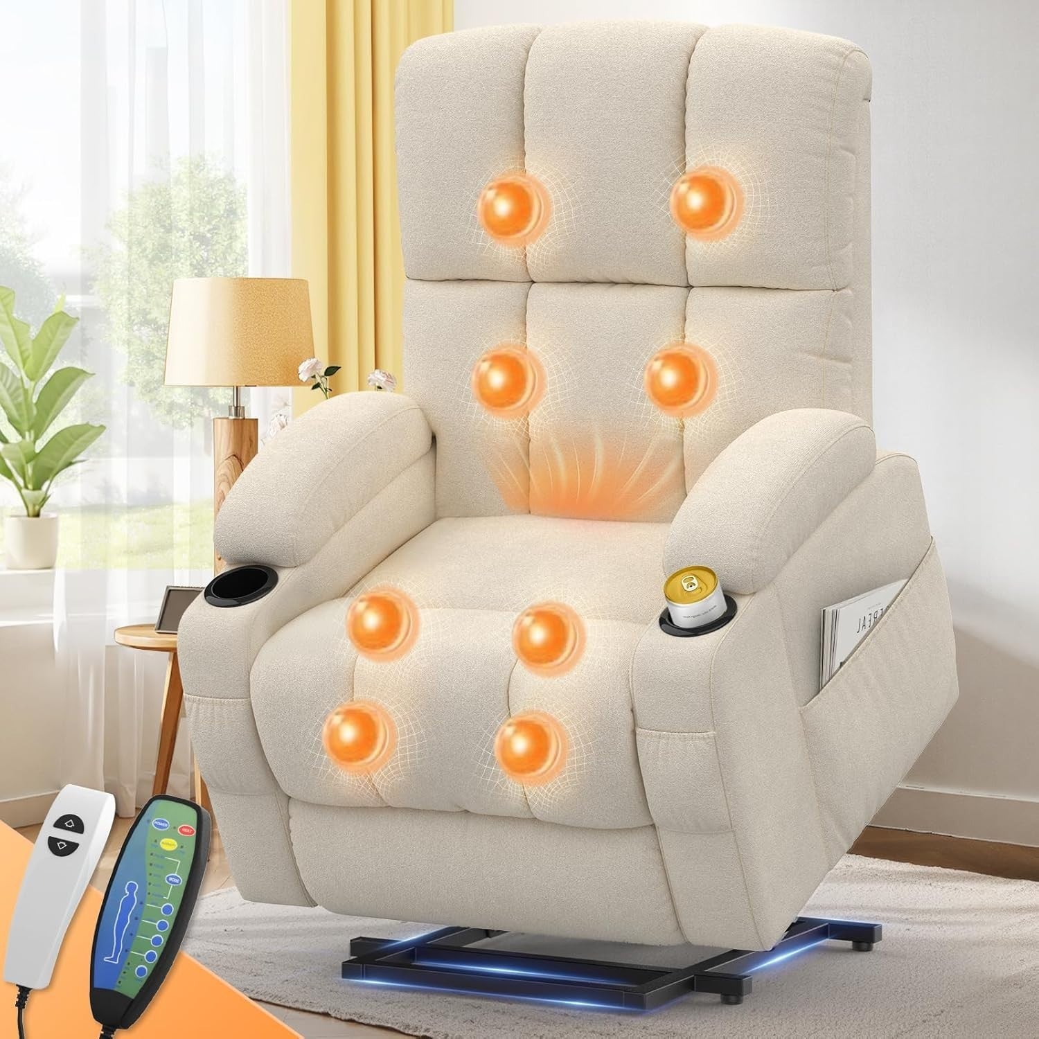 Beige Lift Recliner Chair Elderly Massage Heat USB Cup Holders Extended Footrest