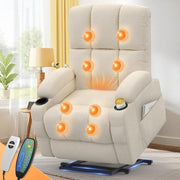 Beige Lift Recliner Chair Elderly Massage Heat USB Cup Holders Extended Footrest