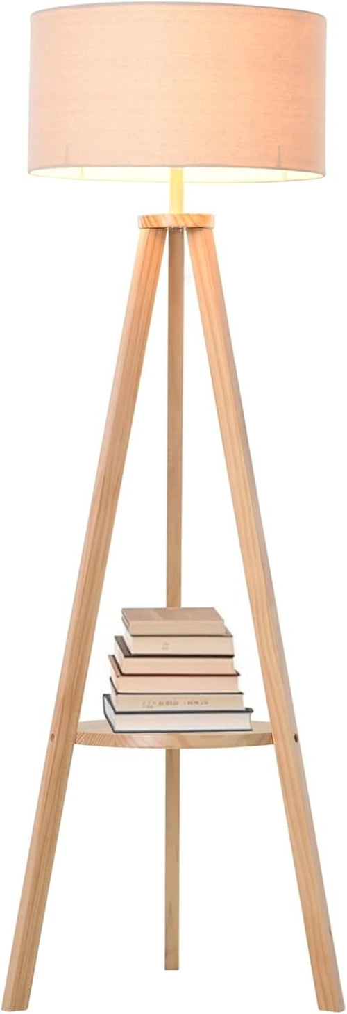 Tripod Floor Lamp with Linen Shade & Storage Shelf – Warm Reading Light