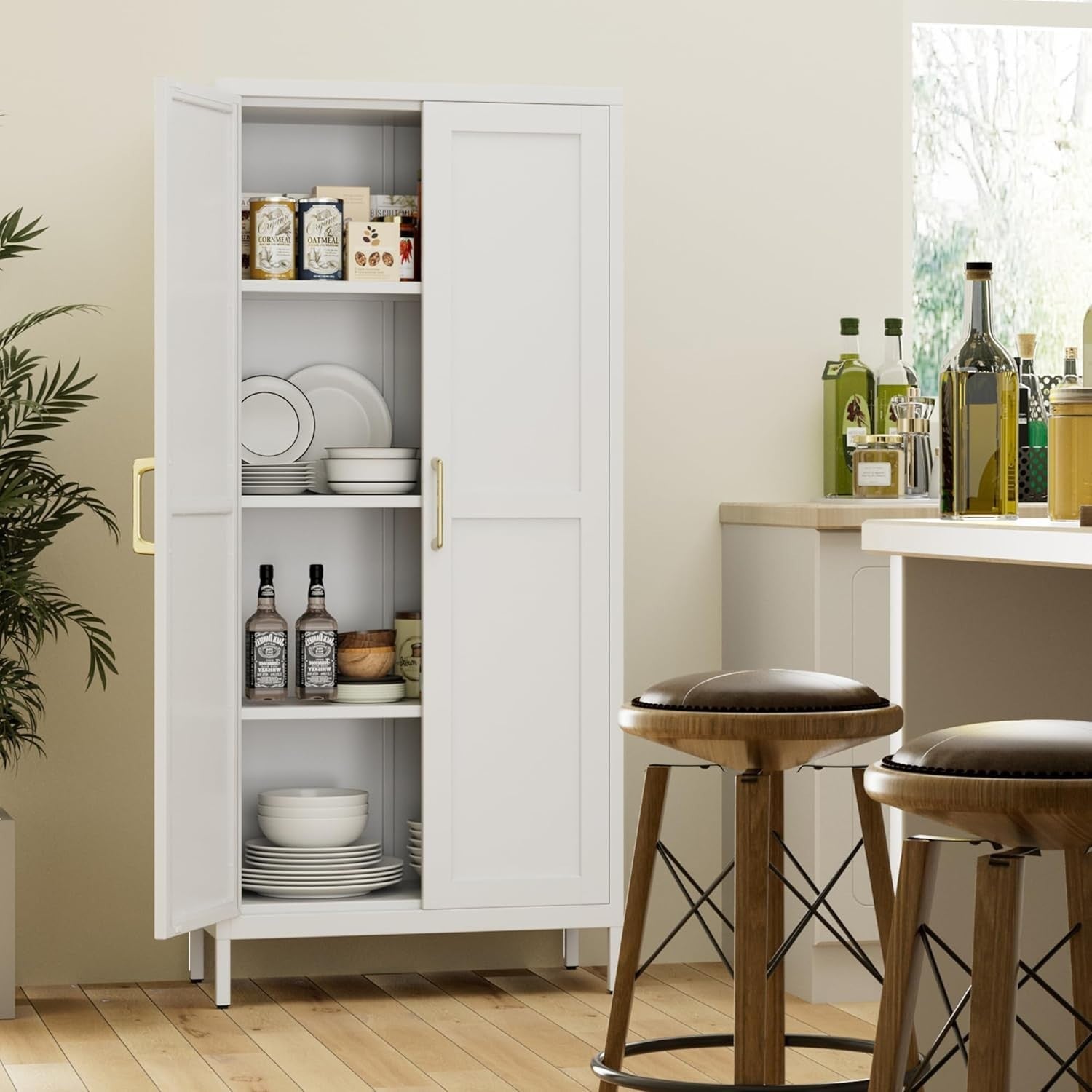 White Metal Office Storage Cabinet 2 Doors Adjustable Shelves 155H