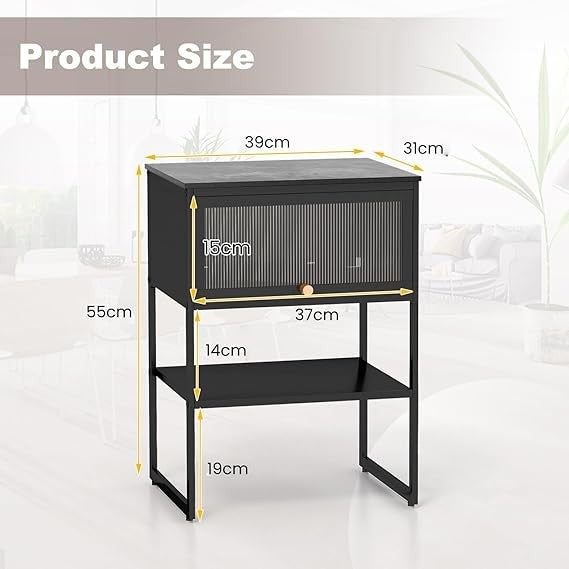 Modern Black Bedside Table with Flip-Up Door & Storage Shelf | Metal Frame