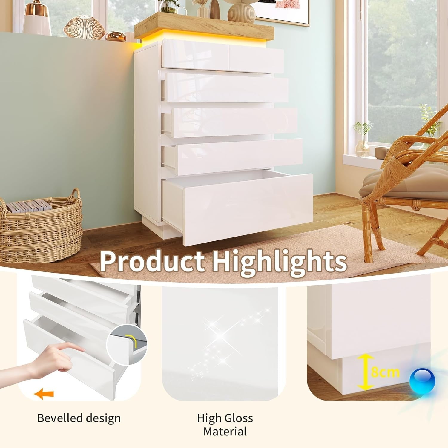 White Gloss Sideboard LED Chest Cabinet 6 Drawer Unit Storage Modern**