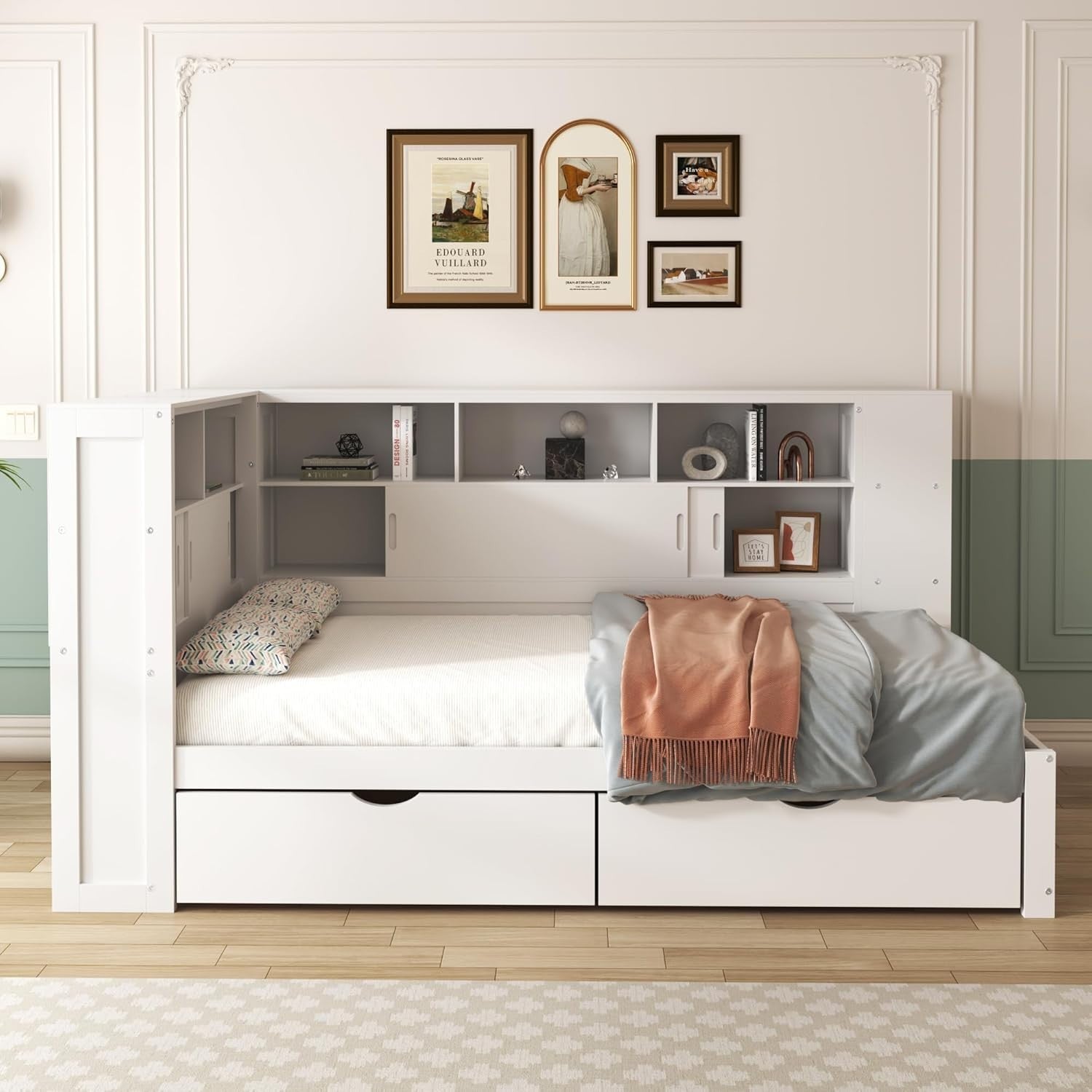 Single Storage Bed with Drawers, Shelves, USB, Bookcase, White 3FT
