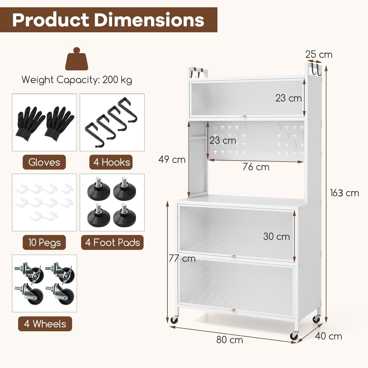 80x40x163cm White Rolling Kitchen Cabinet 5-Tier Pantry Storage with Wheels