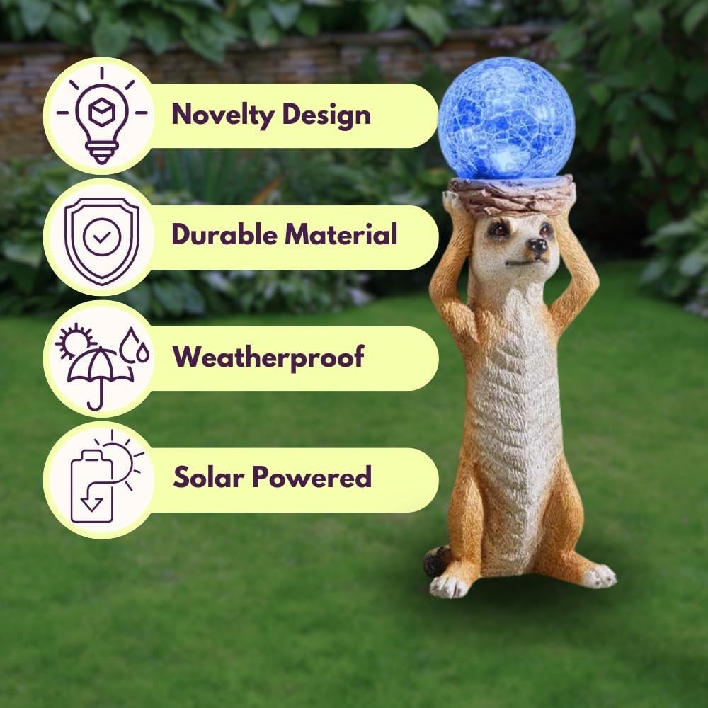 Solar LED Meerkat Garden Ornament with Crackle Glass Ball 37cm Resin Outdoor