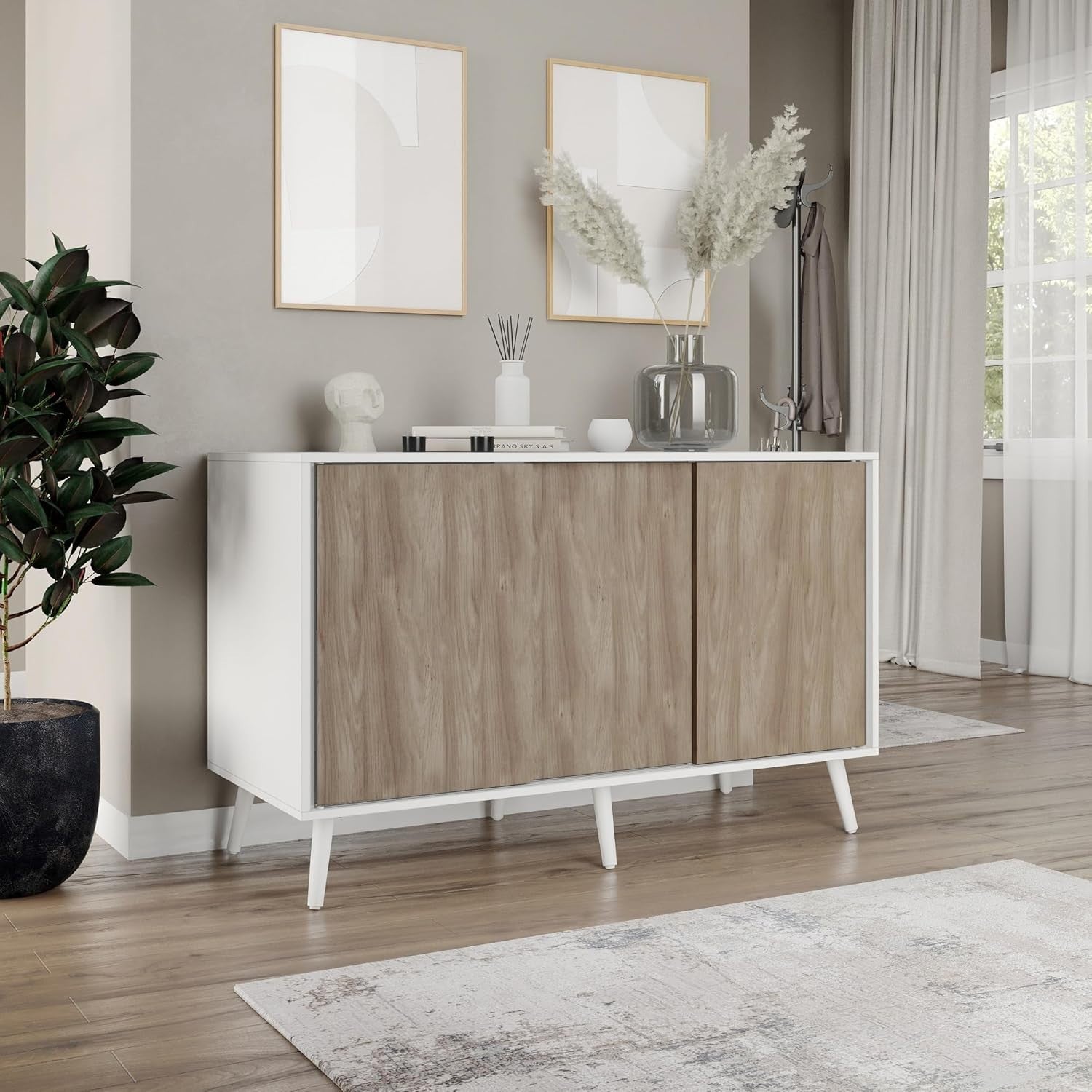 Oak Sliding Door Sideboard Cabinet White Frame Modern Storage Unit
