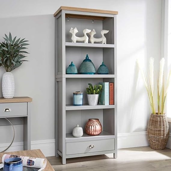Tall Bookcase with Drawer & 4 Shelves Grey Oak Effect | Modern Storage Unit